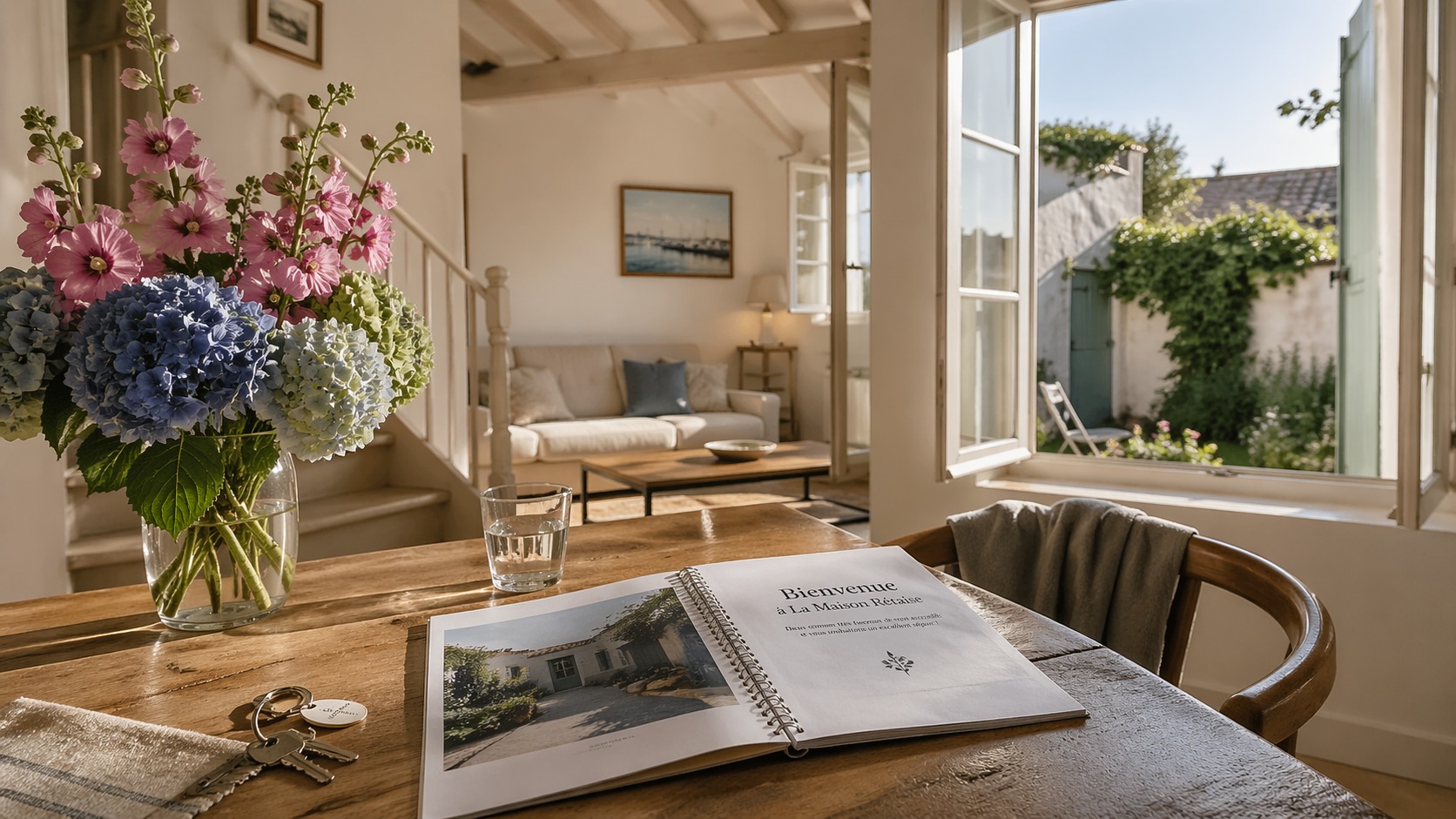 Livret d'accueil ouvert sur une table dans une maison rétaise avec roses trémières et hortensias