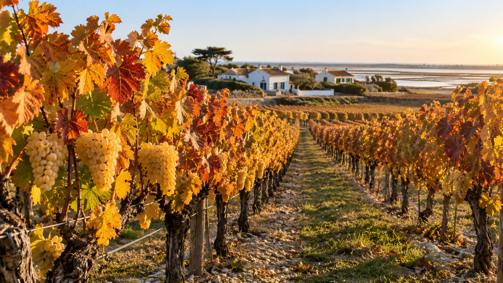 Vignoble de l'île de Ré en automne avec grappes de raisin blanc et maison charentaise